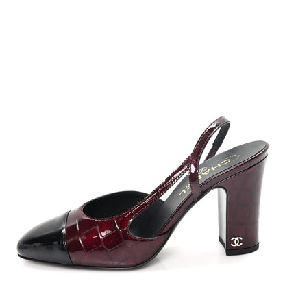 Chanel Crocodile Embossed Patent Grosgrain Cap Toe CC Slingback Pumps 37.5 Dark Burgundy Black 1 of 10