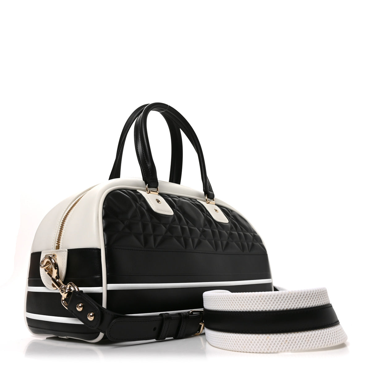 Christian Dior Lambskin Cannage Medium Dior Vibe Zip Bowling Bag Black White 3 of 10