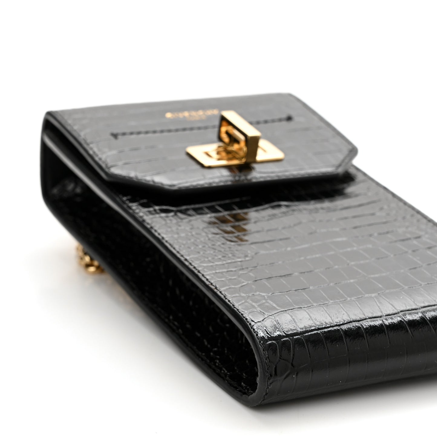 Calfskin Crocodile Embossed Mini Phone Crossbody Bag Black
