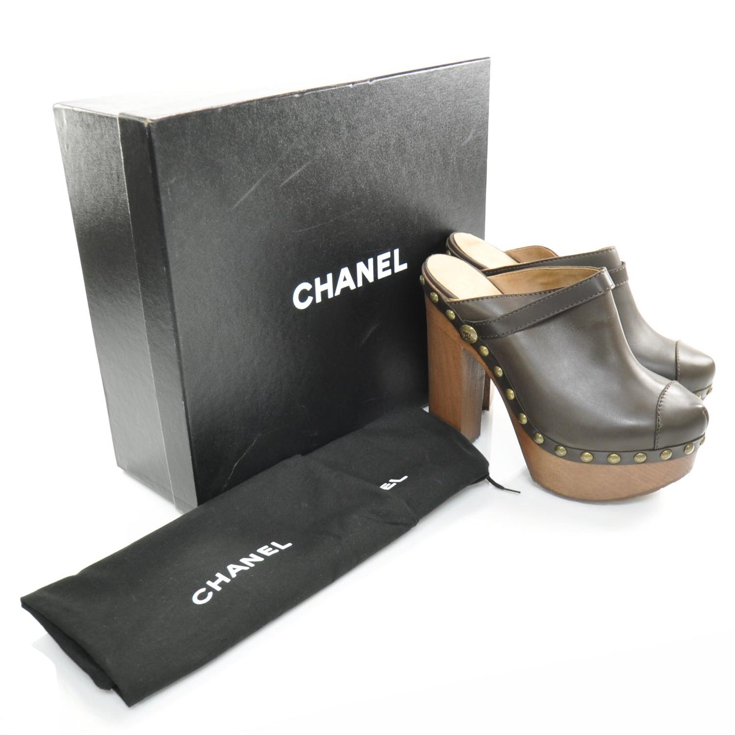 Leather Studded Clogs 38 Brown