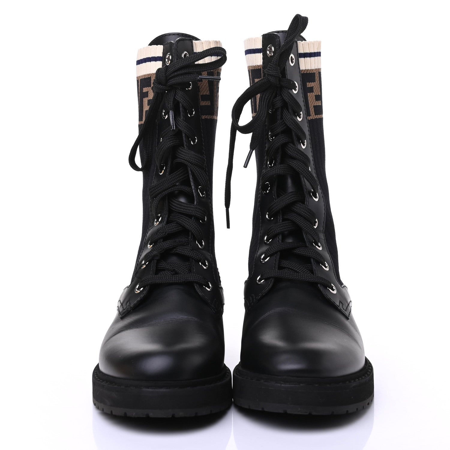 Fendi Calfskin Stretch Fabric Rockoko Biker Boots 38.5 Tobacco Black Marino 2 of 7