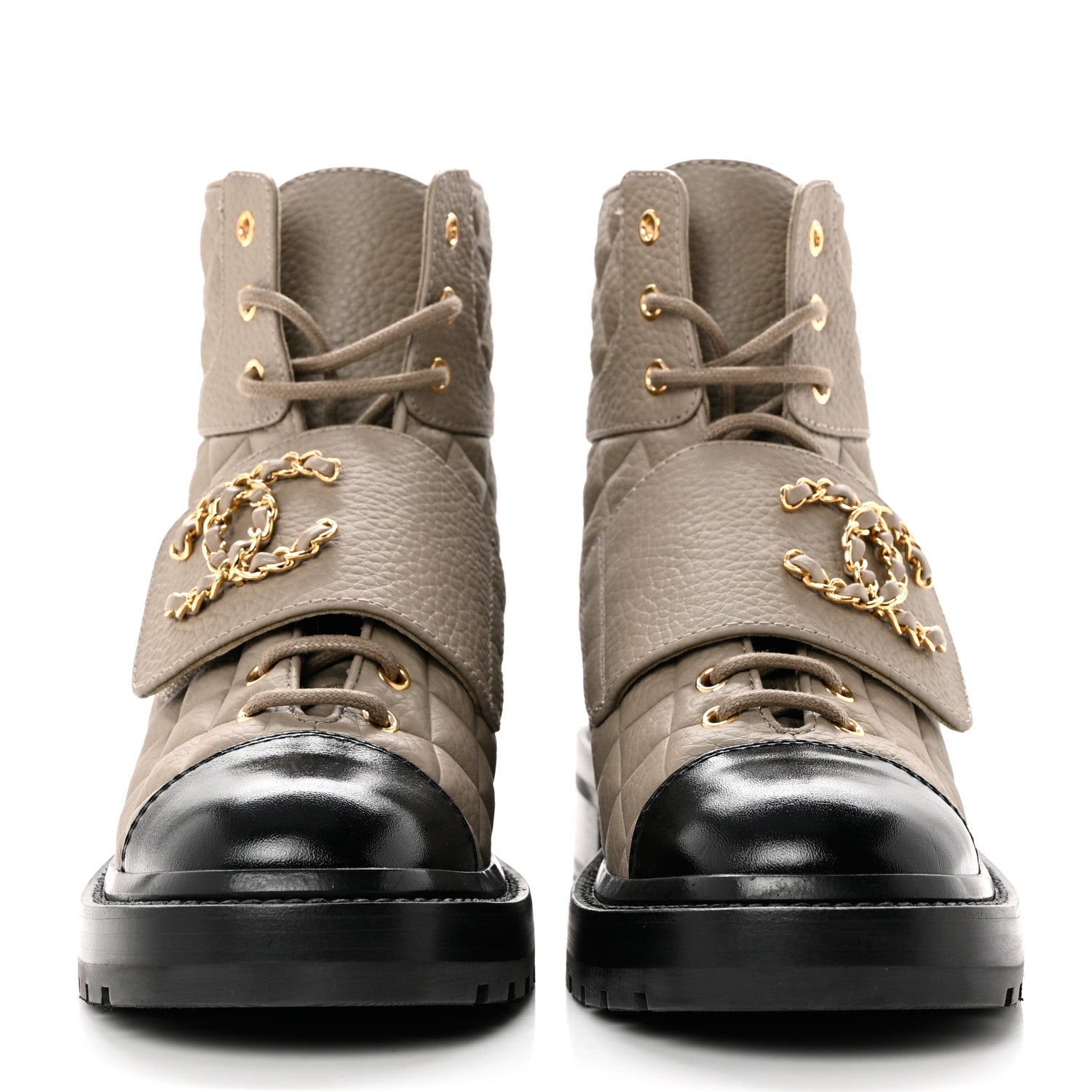 Chanel Calfskin Shiny Calfskin Quilted Lace Up Combat Boots 37 Dark Beige Black 2 of 10