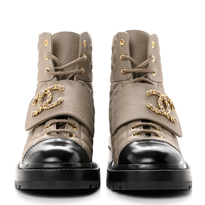 Chanel Calfskin Shiny Calfskin Quilted Lace Up Combat Boots 37 Dark Beige Black 2 of 10