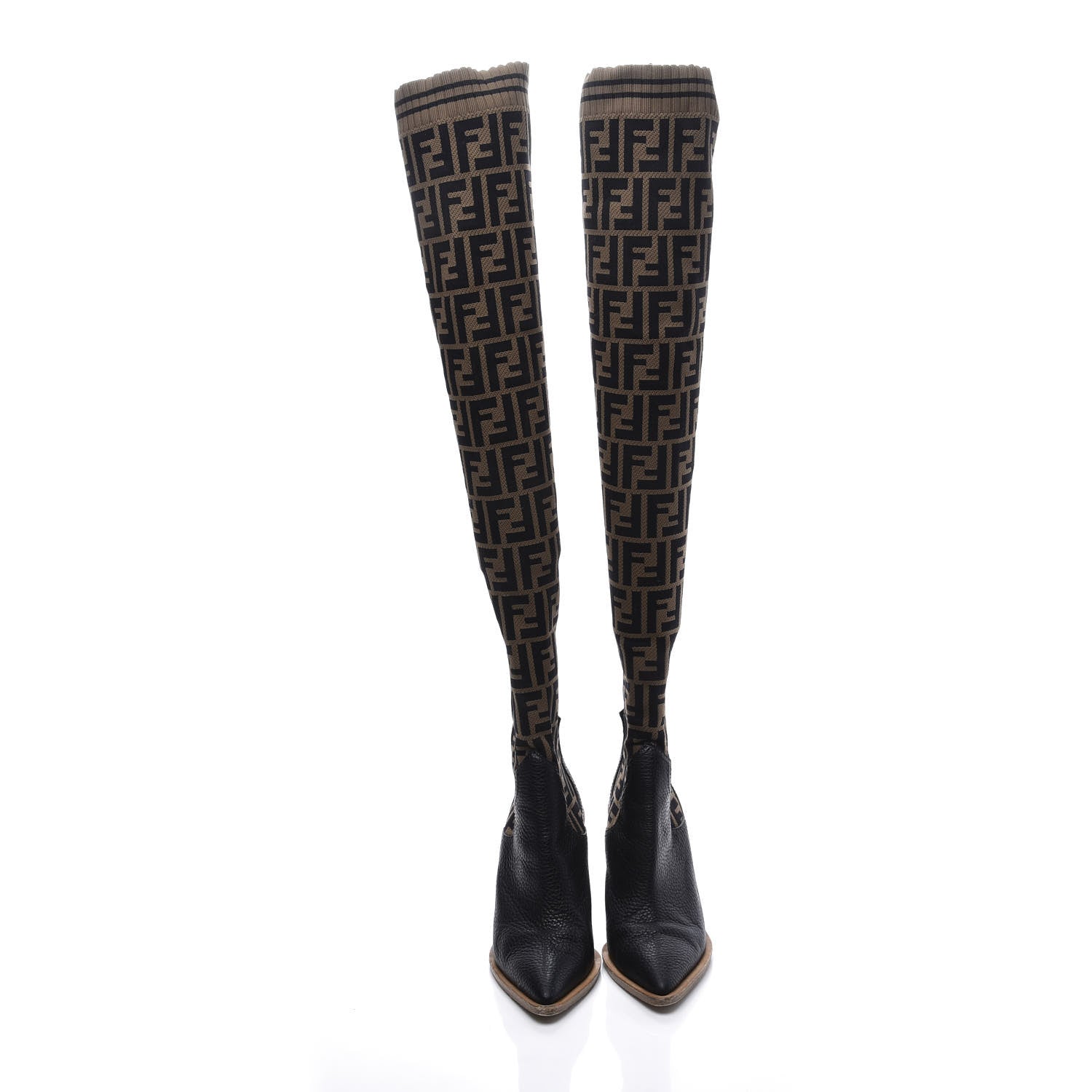 Fendi Stretch Fabric FF Cutwalk Thigh High Sock Boots 37 Tobacco Black 3 of 7