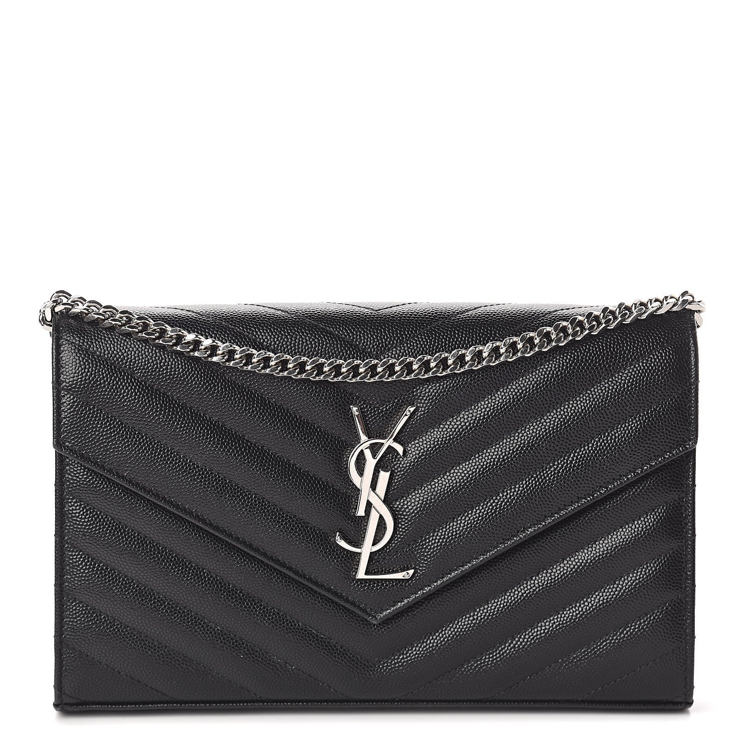 Saint Laurent Grain De Poudre Matelasse Chevron Monogram Chain Wallet Black 1 of 10