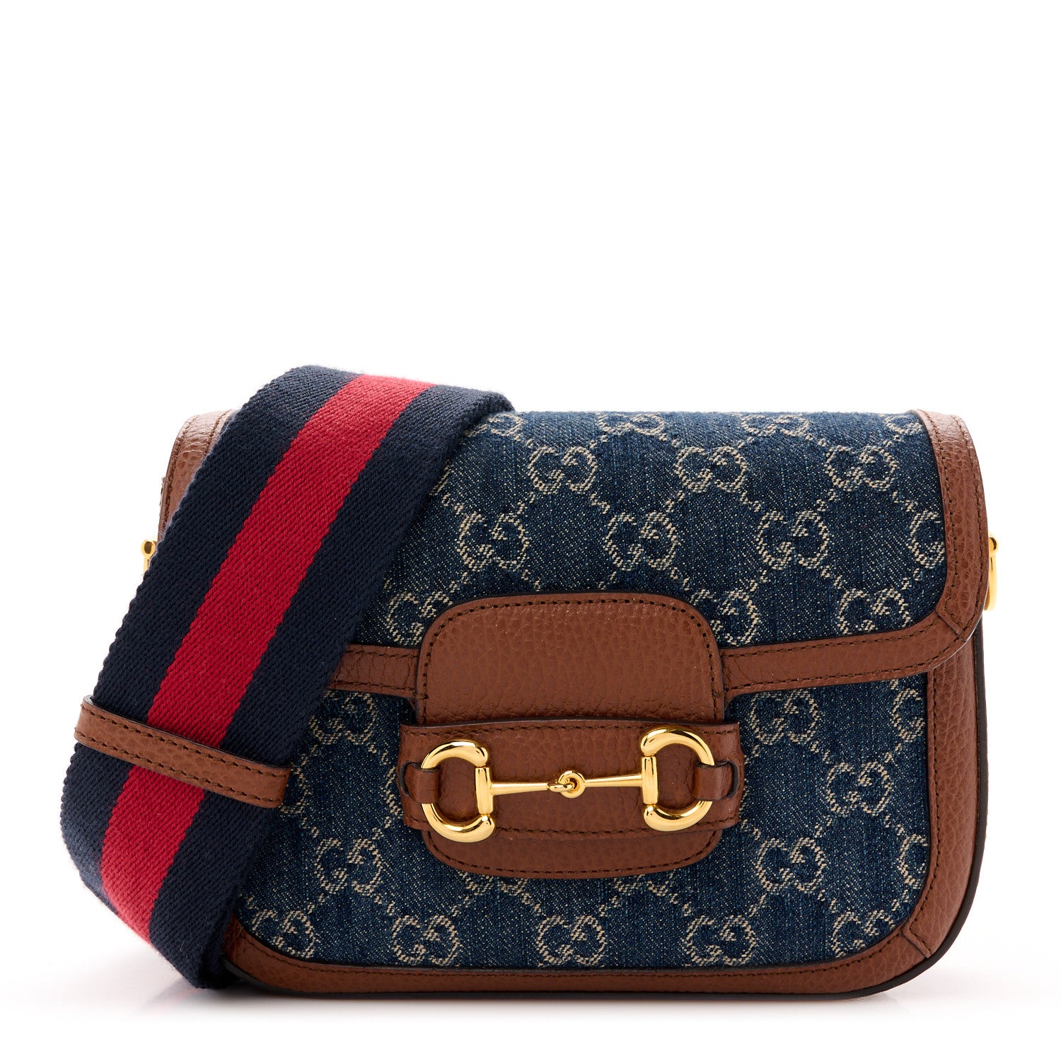 Gucci New Denim GG Monogram Dollar Calfskin Web Mini Horsebit 1955 Shoulder Bag Blue Tea Cuir Epilog 1 of 13