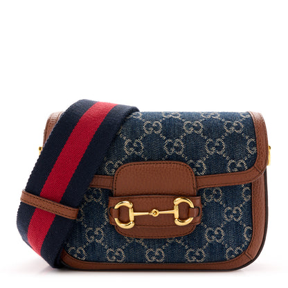 Gucci New Denim GG Monogram Dollar Calfskin Web Mini Horsebit 1955 Shoulder Bag Blue Tea Cuir Epilog 1 of 13