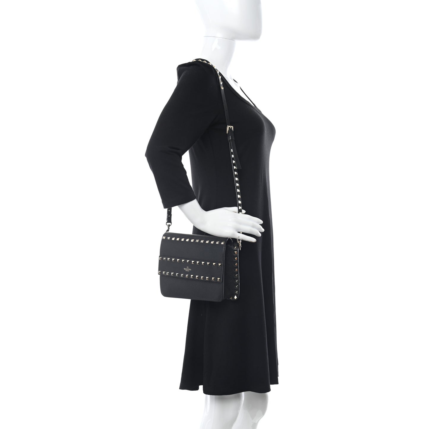 Pebbled Calfskin Rockstud Side Slip Crossbody Black
