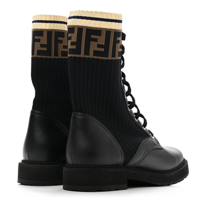 Fendi Calfskin Stretch Fabric Rockoko Biker Boots 37 Tobacco Black Marino 4 of 7
