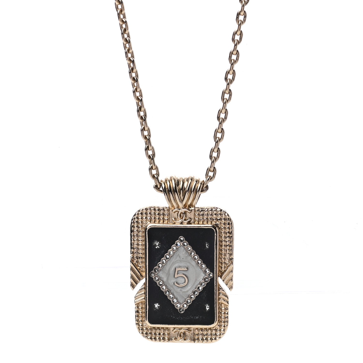 Chanel Metal Resin Enamel Crystal CC Necklace Gold Black White 5 of 7