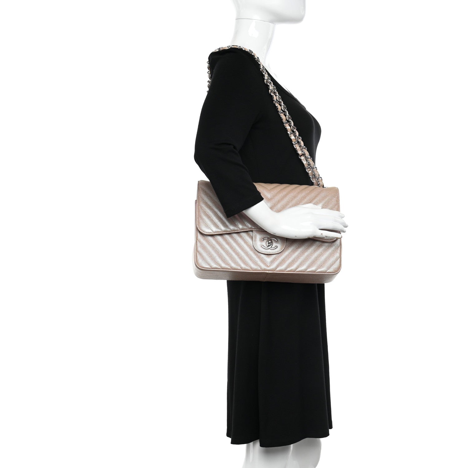 Chanel Metallic Caviar Chevron Quilted Jumbo Double Flap Light Gold 2 of 10
