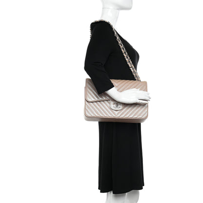 Chanel Metallic Caviar Chevron Quilted Jumbo Double Flap Light Gold 2 of 10