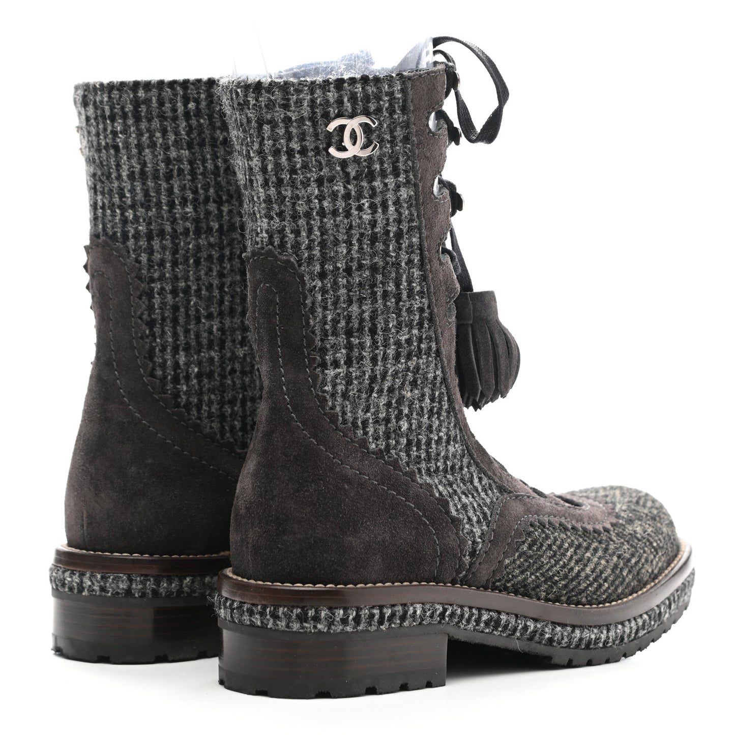 Tweed Suede Lace Up Boots 35.5 Brown