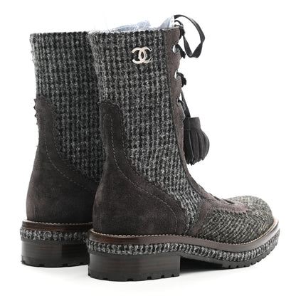 Chanel Tweed Suede Lace Up Boots 35.5 Brown 4 of 8