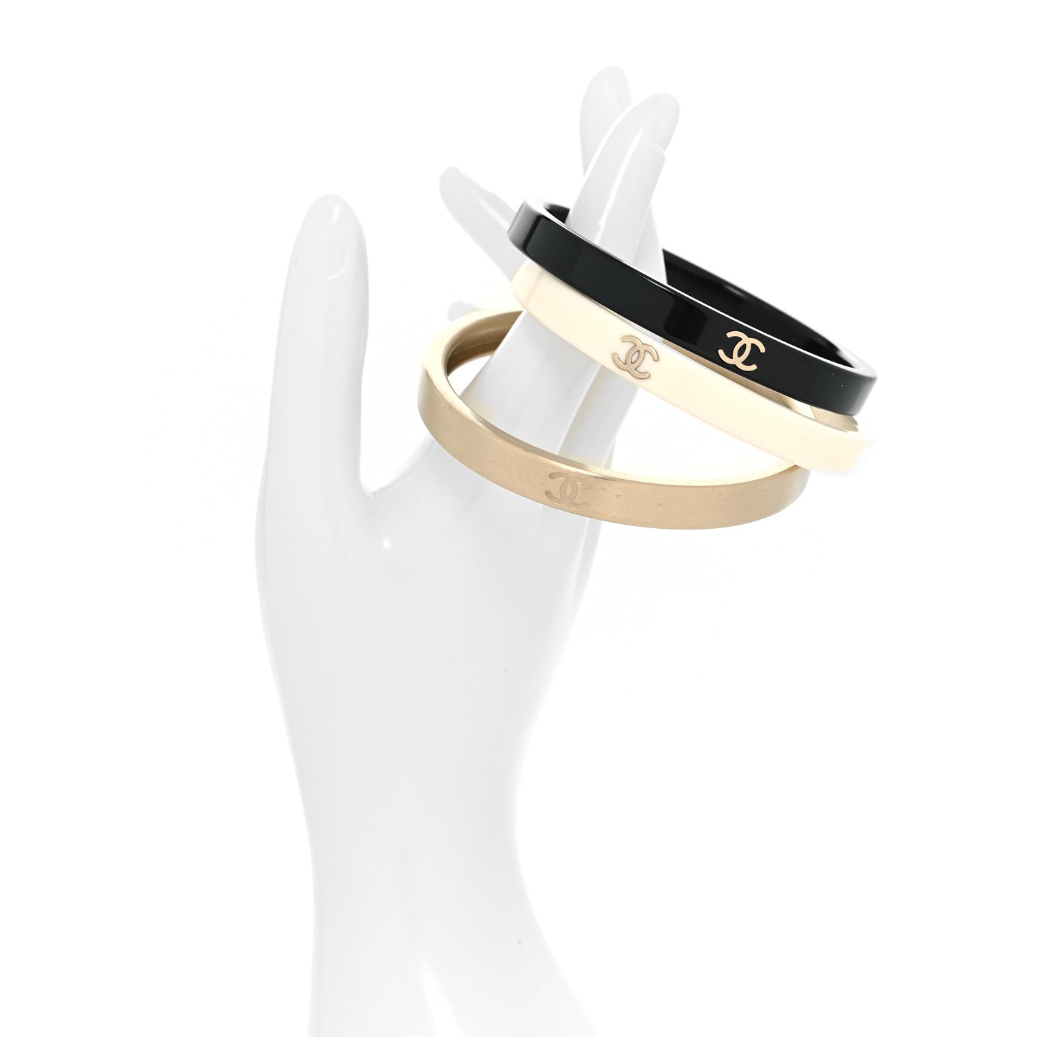 Chanel Resin Metal CC Bangle Set of 3 Black White Gold 2 of 4