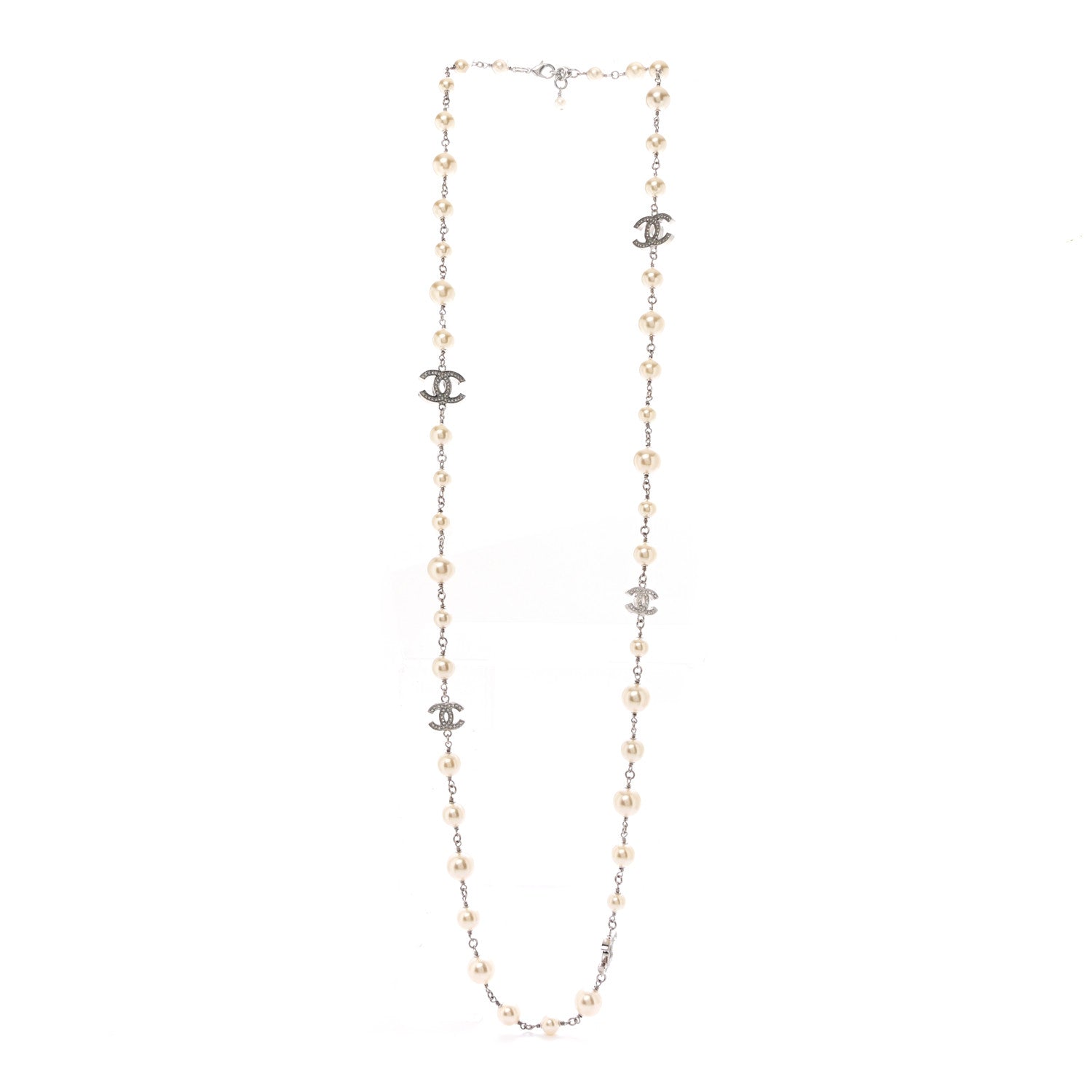 Chanel Crystal Pearl CC Long Necklace Silver 3 of 7