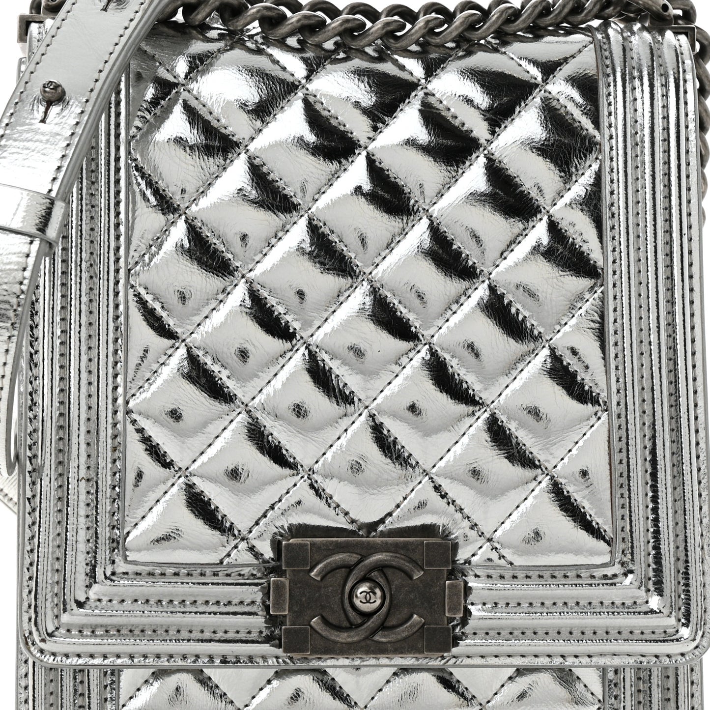 Metallic Goatskin Quilted North South Boy Flap Silver