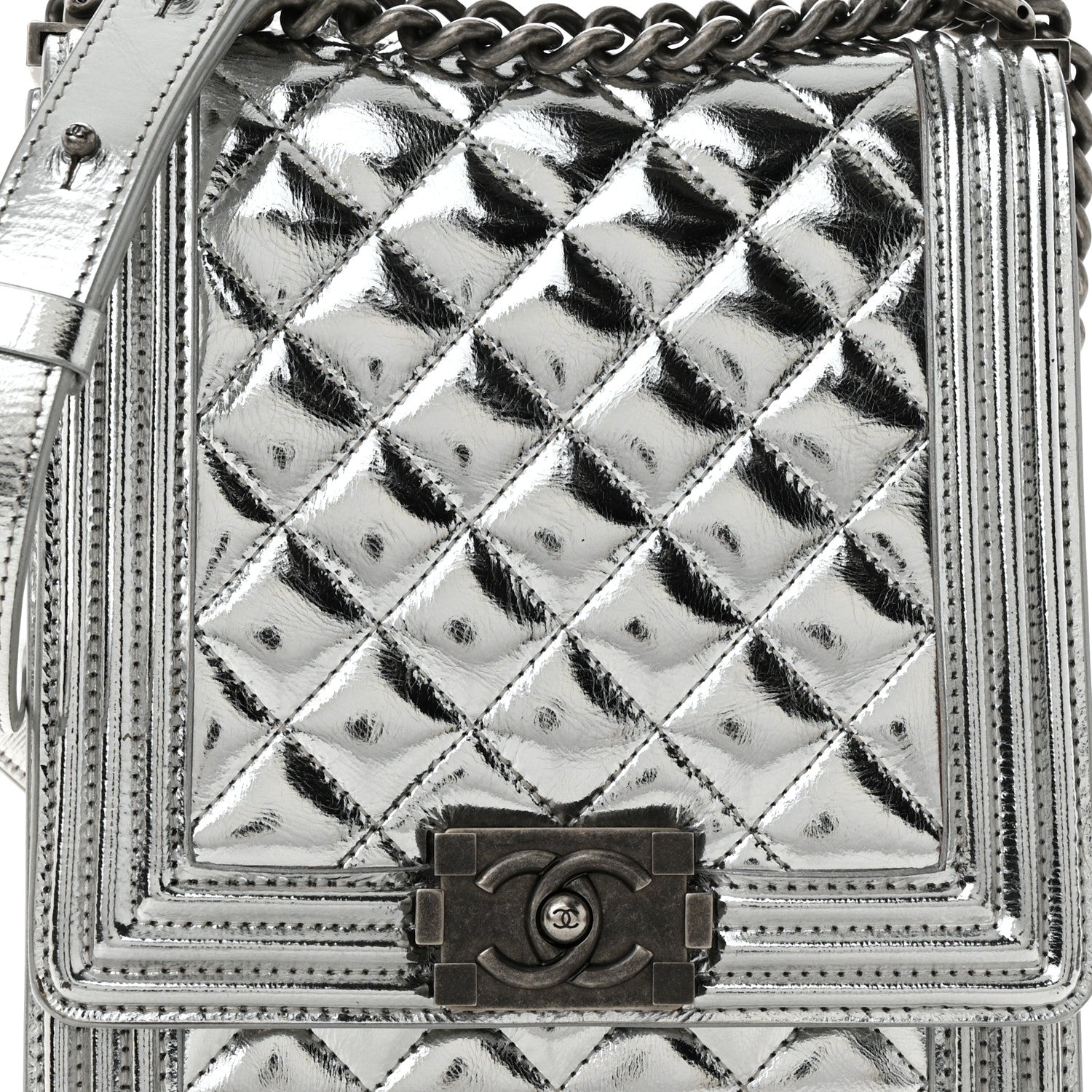 Chanel Metallic Goatskin Quilted North South Boy Flap Silver 8 of 12
