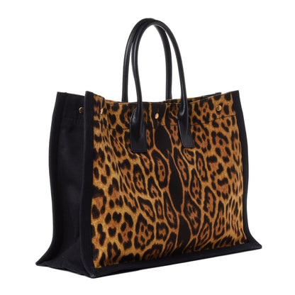Saint Laurent Canvas Calfskin Leopard Print Rive Gauche Noe Tote Natural Black 2 of 4