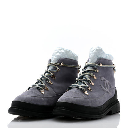 Chanel Suede Nylon Lace Up Snow Boots 38 Grey Blue 3 of 8