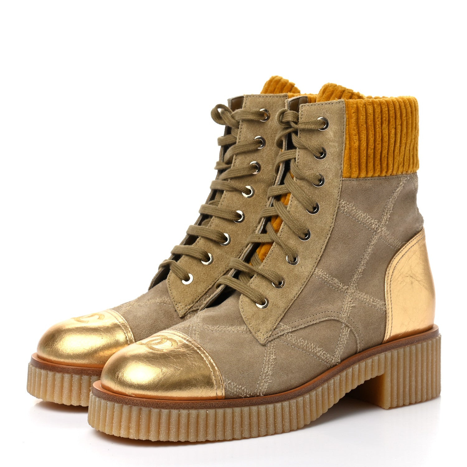 Chanel Suede Calfskin Velvet Quilted CC Combat Boots 39.5 Beige Yellow Gold 3 of 9