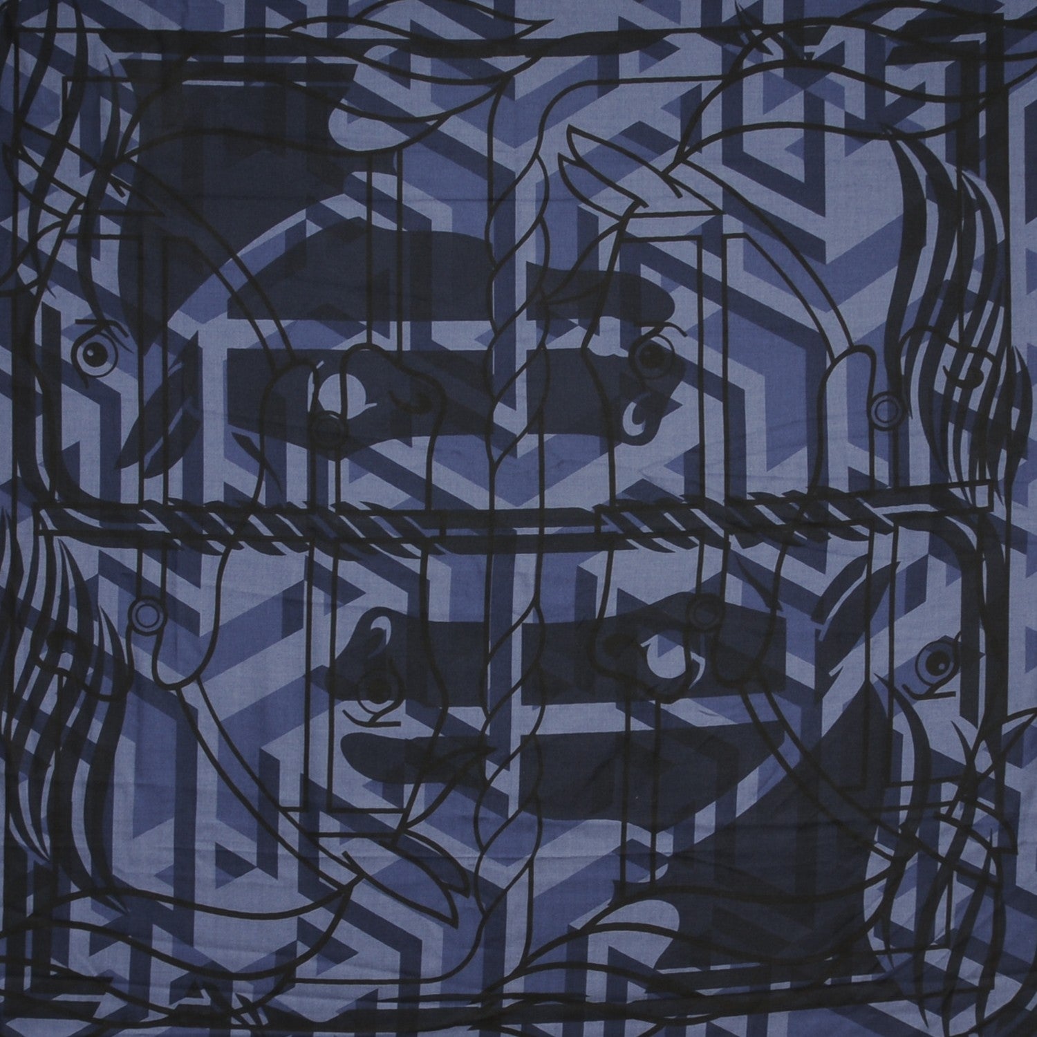 Hermes Cashmere Silk Imprimeur Fou Quadricube Shawl 140 Marine Anthracite Bleu Moyen 1 of 5
