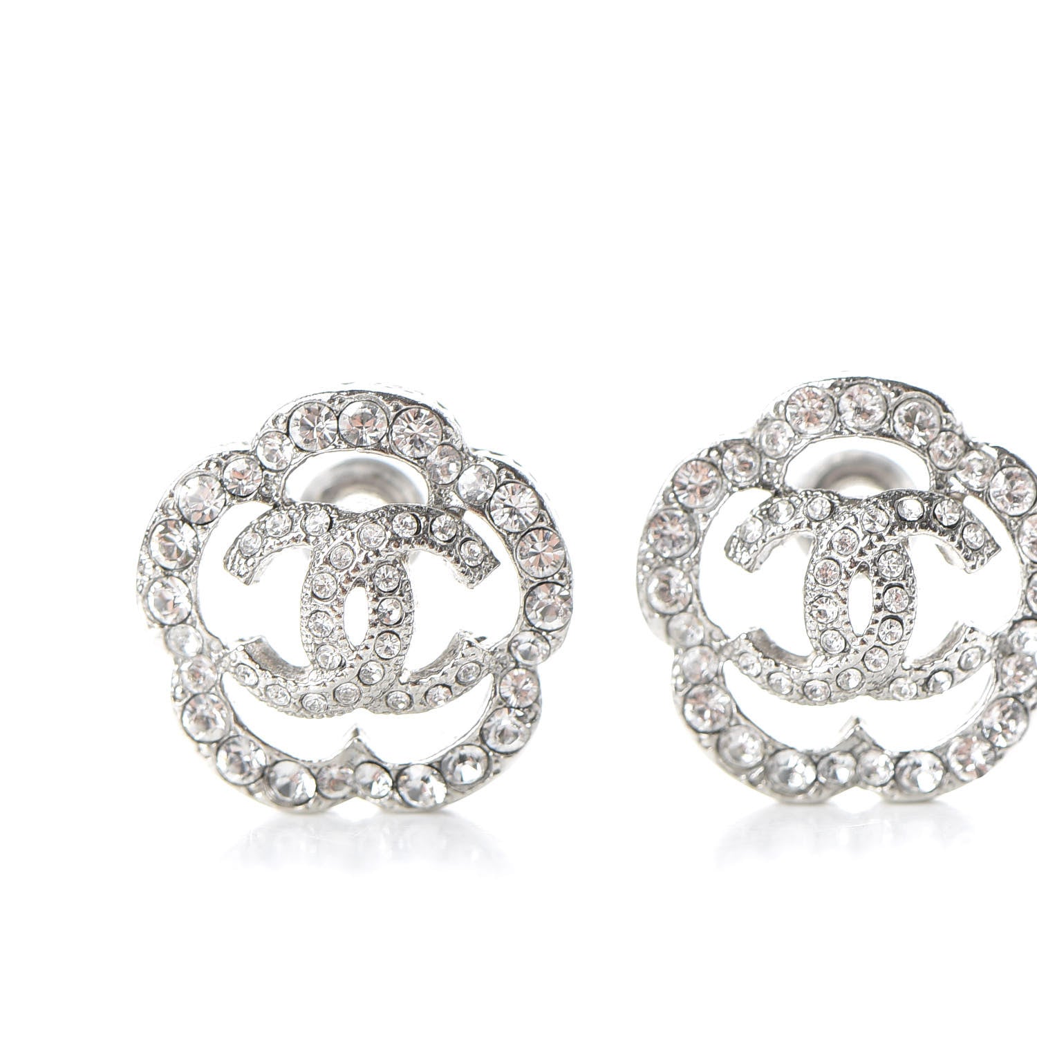 Chanel Crystal Coco Flapper Camellia CC Stud Earrings Silver 5 of 7
