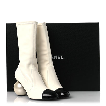 Chanel Stretch Lambskin Patent Cap Toe Pearl Ball Mid Calf Boots 39 White Black 12 of 12