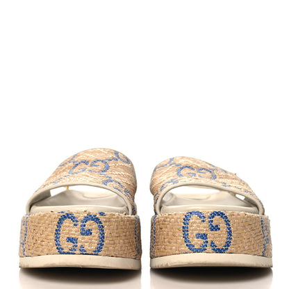 Gucci Raffia GG Monogram Granada Kid Angelina Platform 35mm Slingback Sandals 37.5 Natural Royale Mystic White 3 of 10
