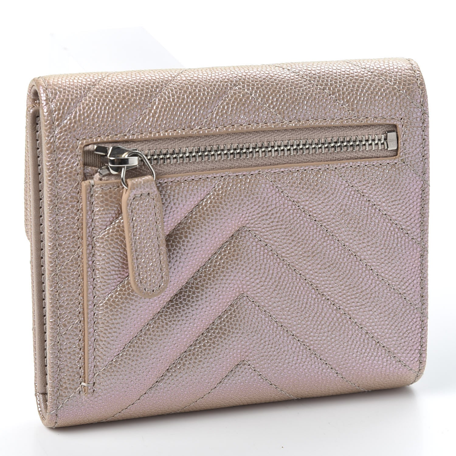 Chanel Metallic Caviar Chevron Quilted Compact Flap Wallet Light Gold 2 of 10