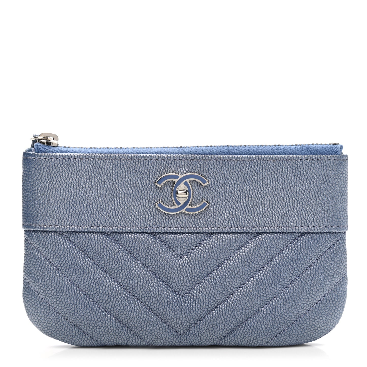Metallic Caviar Chevron Quilted Small Vintage Mademoiselle Cosmetic Case Blue