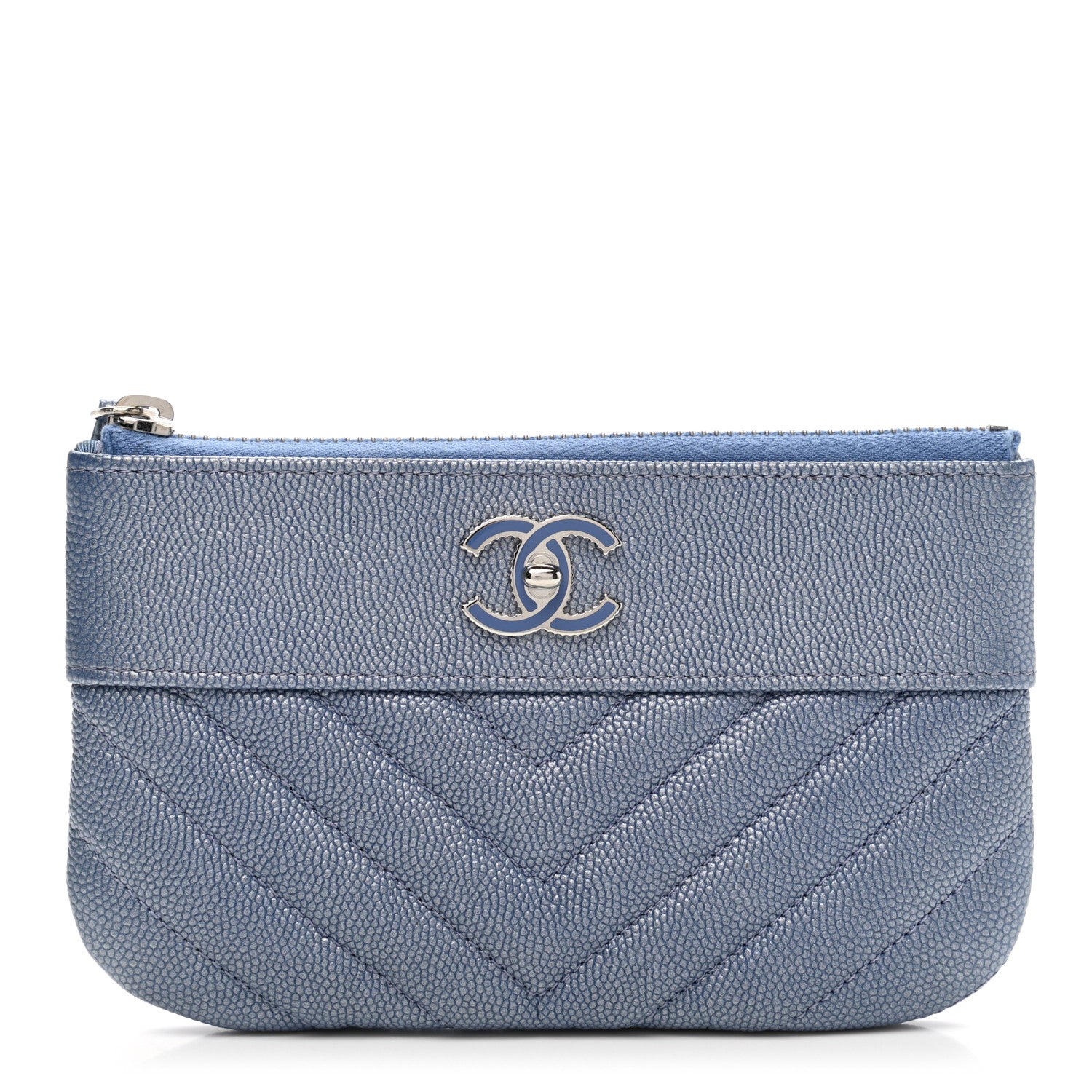 Chanel Metallic Caviar Chevron Quilted Small Vintage Mademoiselle Cosmetic Case Blue 1 of 7