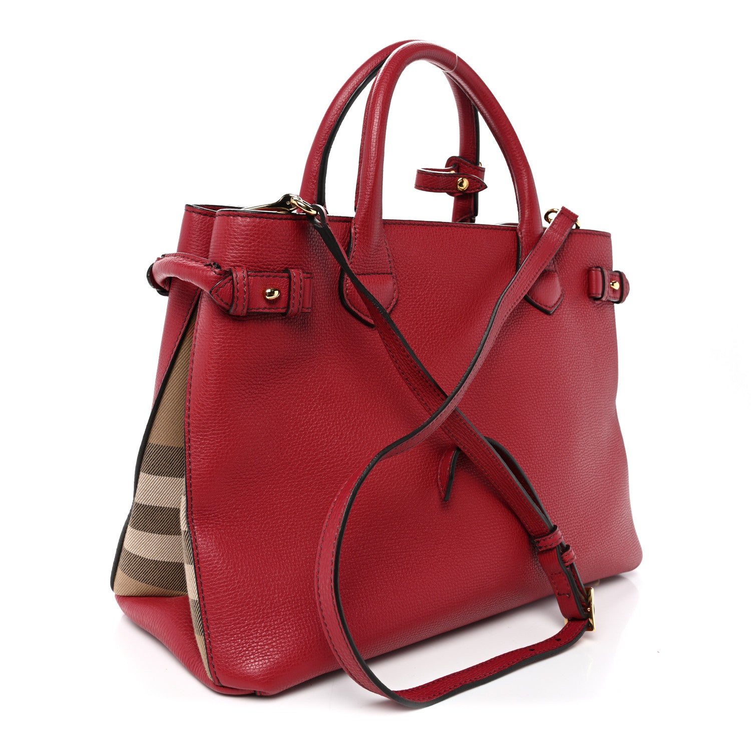 Burberry Grainy Calfskin House Check Medium Banner Tote Red 3 of 10