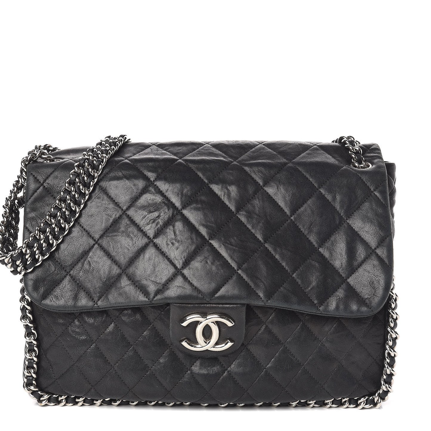 Washed Lambskin Quilted Maxi Chain Around Flap Black