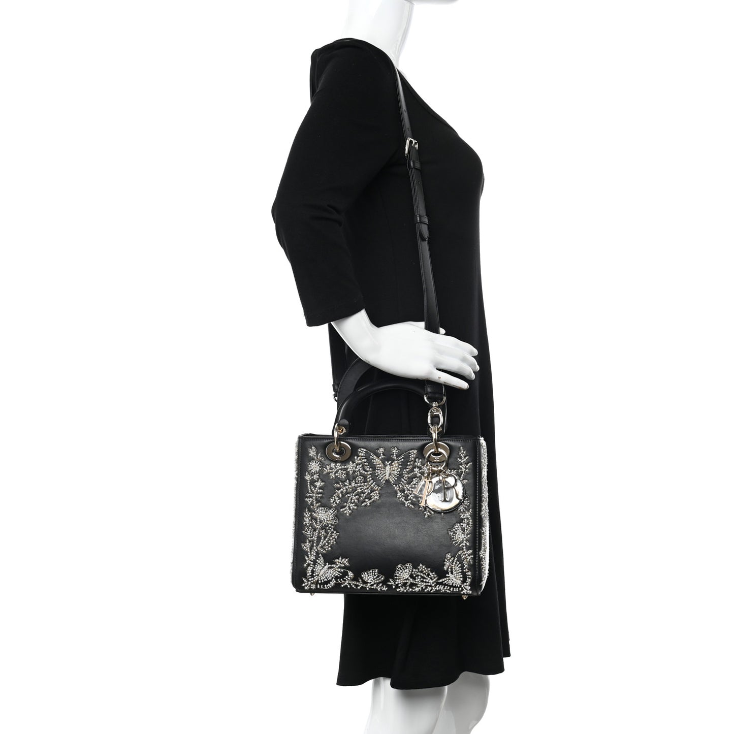 Calfskin Beaded Embroidered Ramage Butterfly Medium Lady Dior Black White Black White