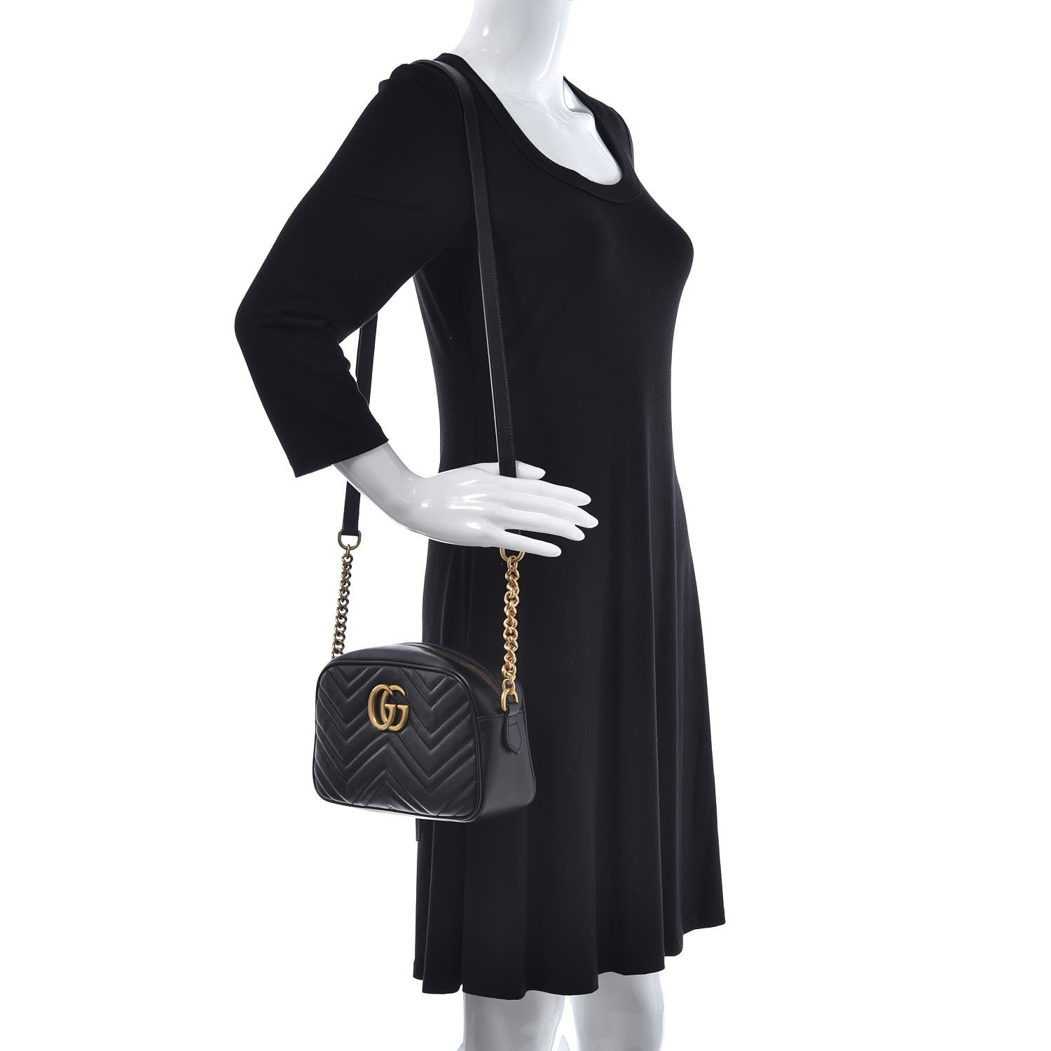 Gucci Calfskin Matelasse Small GG Marmont Chain Shoulder Bag Black 2 of 7