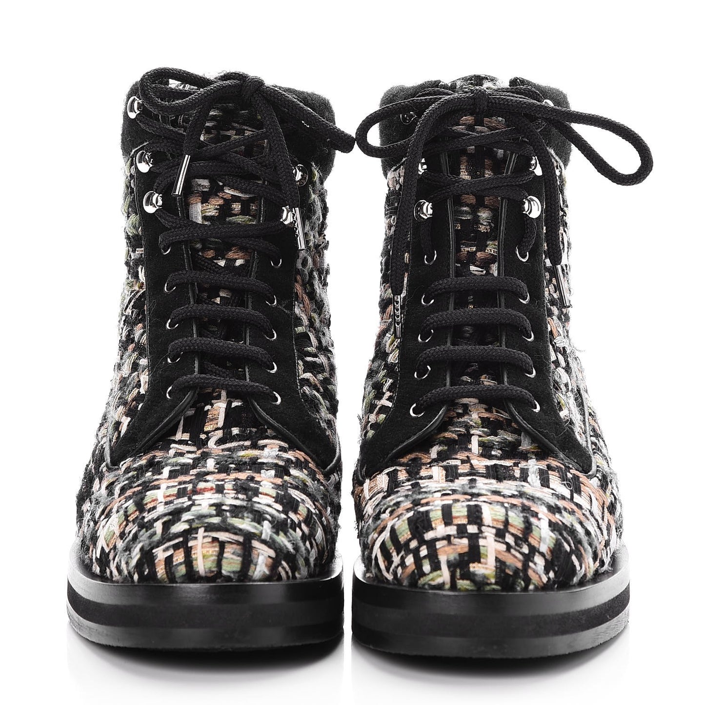 Tweed Lace Up Short Boots 38.5 Green Brown Black