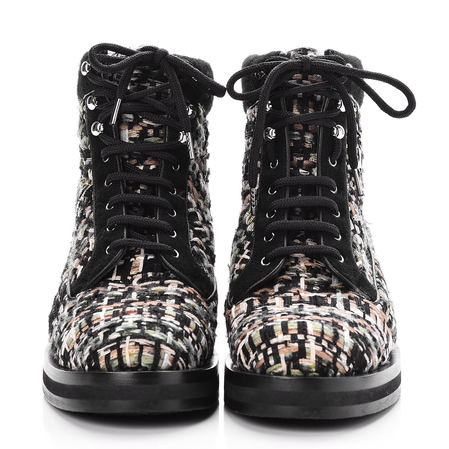 Chanel Tweed Lace Up Short Boots 38.5 Green Brown Black 2 of 10
