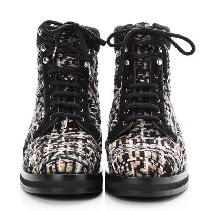 Chanel Tweed Lace Up Short Boots 38.5 Green Brown Black 2 of 10