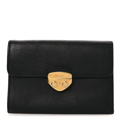 Prada Vitello Daino Push Lock Flap Wallet Black 1 of 12