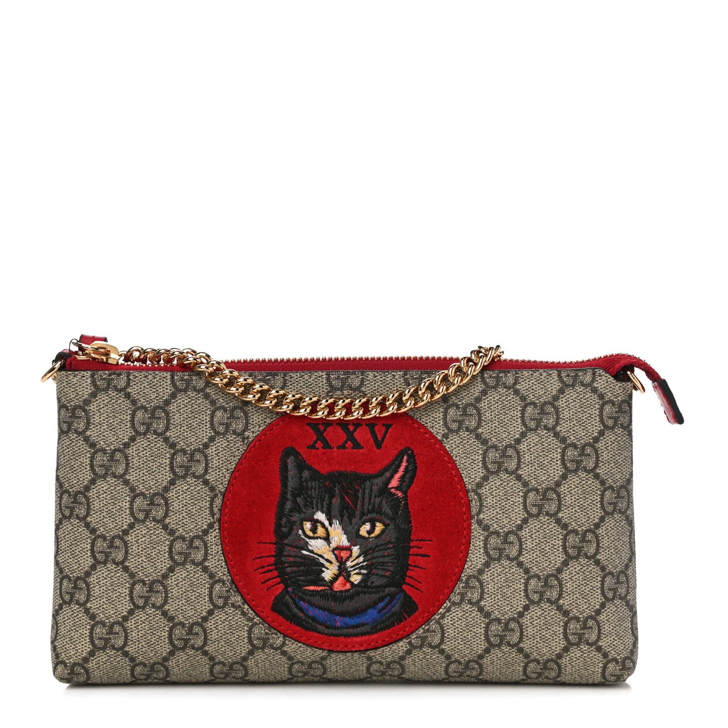 GG Supreme Monogram Mystic Cat Embroidered Chain Wrist Wallet Red