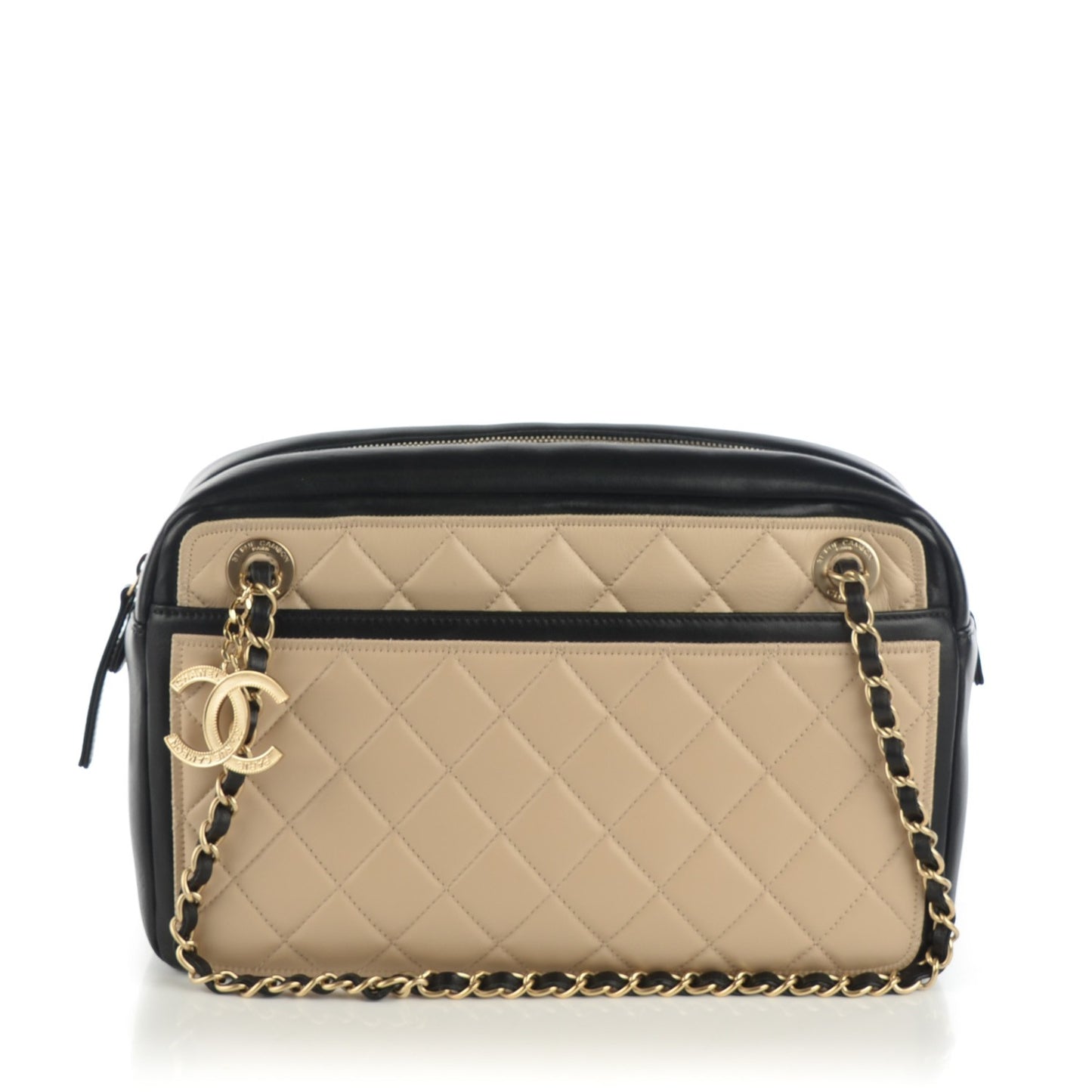 Lambskin Quilted Graphic Camera Case Beige Black