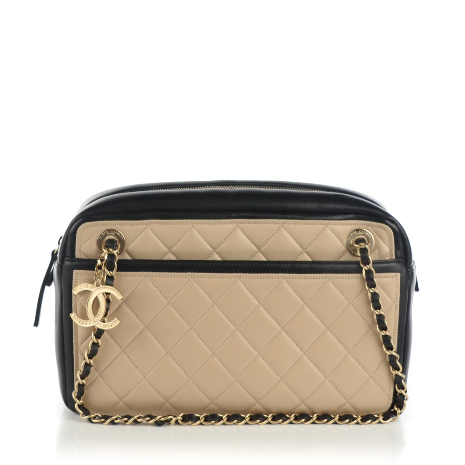 Chanel Lambskin Quilted Graphic Camera Case Beige Black 1 of 8
