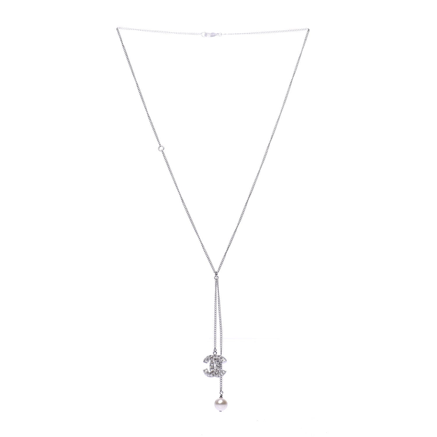 Chanel Baguette Crystal Pearl CC Lariat Necklace Silver 2 of 5