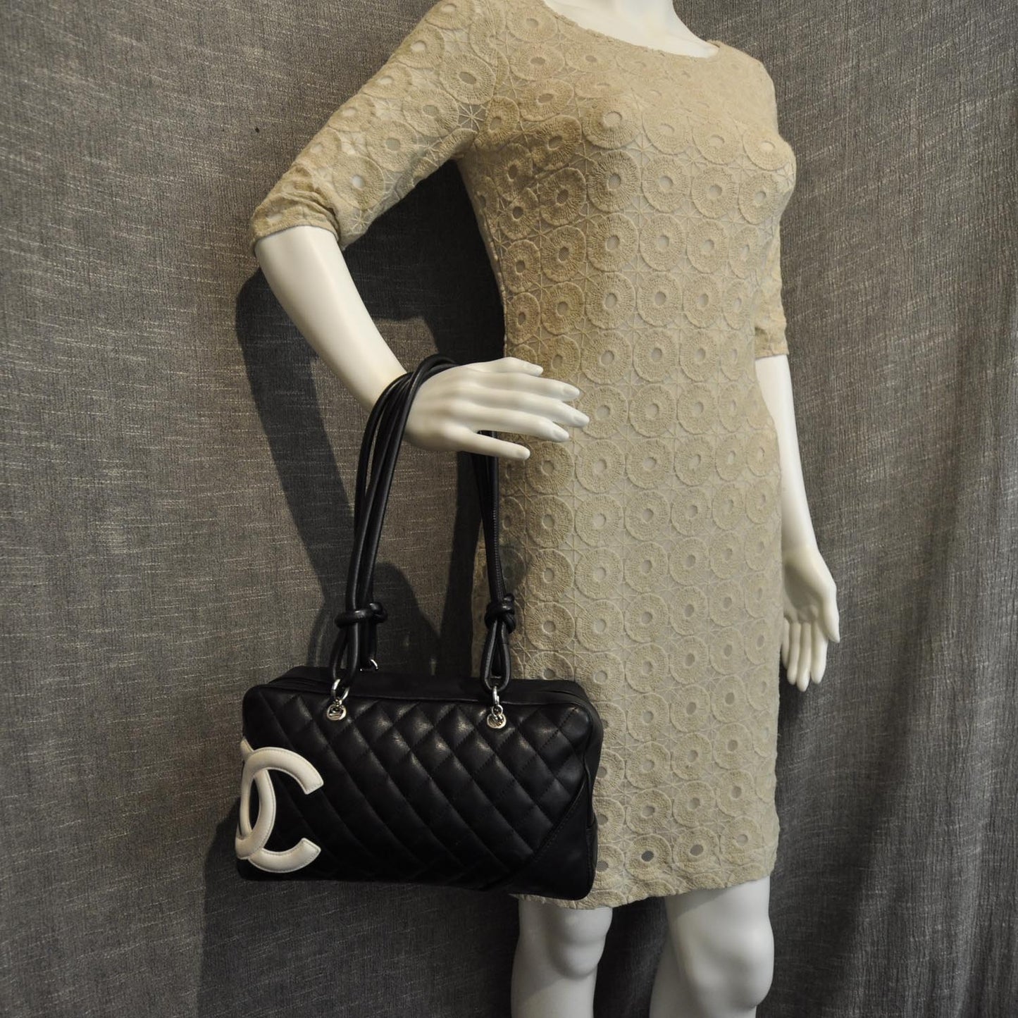Calfskin Quilted Large Cambon Bowler White Black