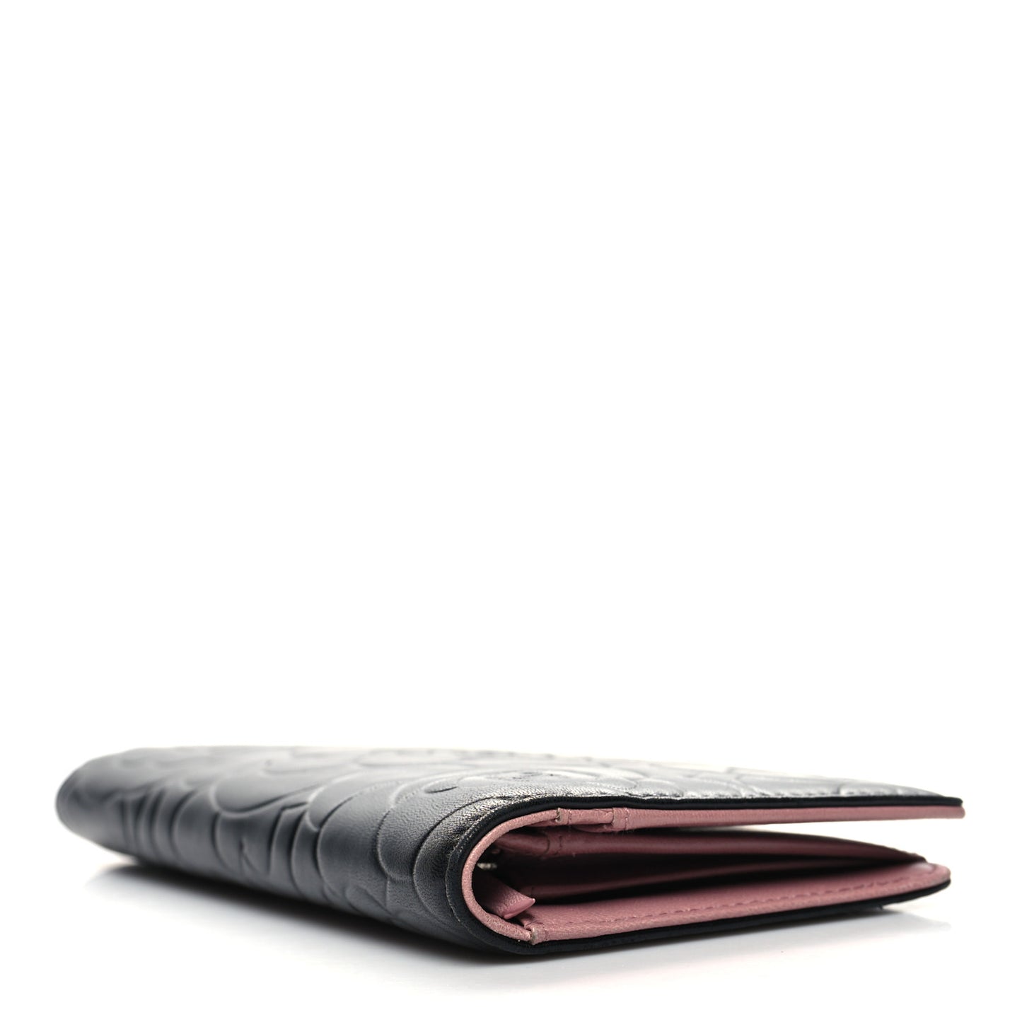 Lambskin Camellia Embossed Yen Wallet Black