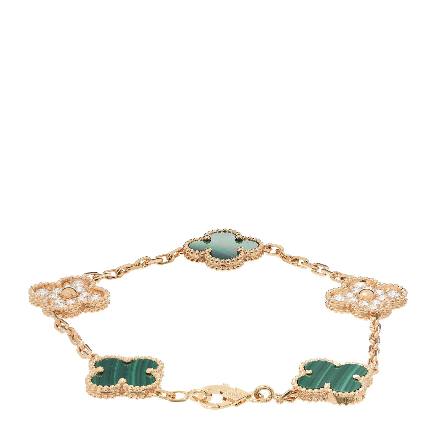 Van Cleef & Arpels 18K Yellow Gold Diamond Malachite 5 Motifs Vintage Alhambra Bracelet 3 of 9