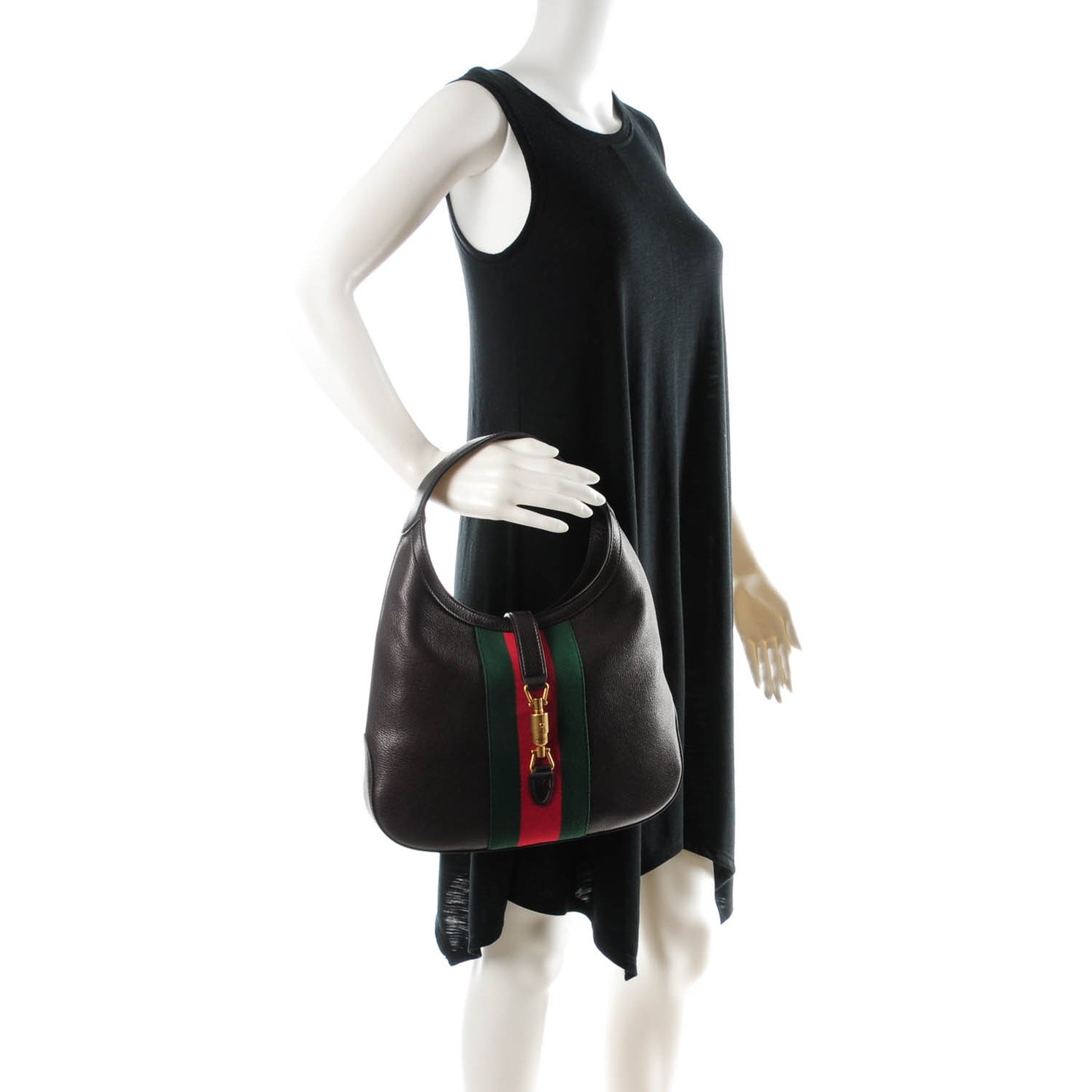 Soft Grained Calfskin Web Medium Jackie Hobo Dark Brown