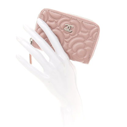 Chanel Goatskin Camellia Embossed Zip Coin Purse Light Pink 2 of 7