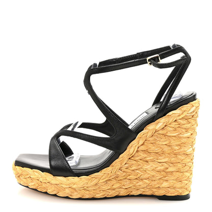 Jimmy Choo Raffia Nappa Ayla 110mm Wedge Sandals 35 Black 1 of 8